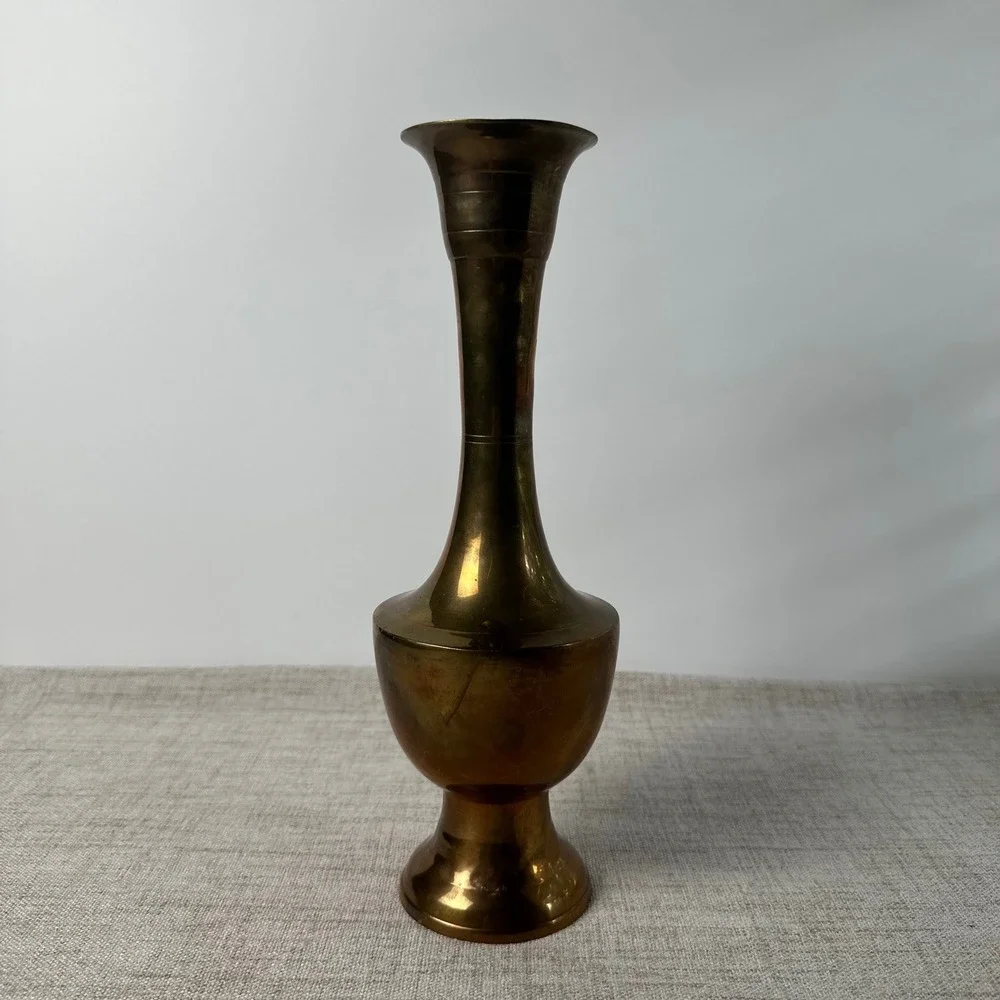 Vintage Brass Vase Made in India | Tall Indian Brass Pedestal Vase | Aged Patina